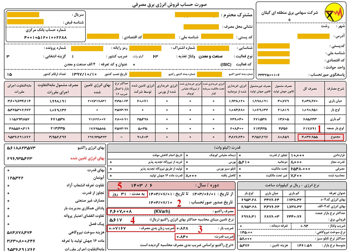 نمونه قبض برق مشترک صنعتی